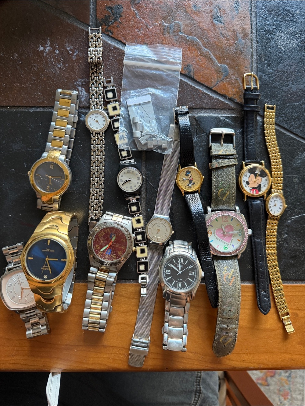 Gold colored & Silver colored fossil disney dooney watch Lot for parts
